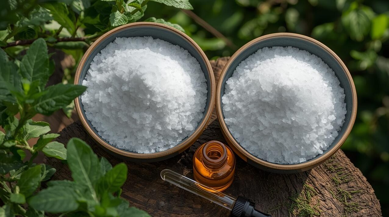 a creative picture that has two bowl full of sugar and an natural oil little brown bottle with dropper in nature (2)